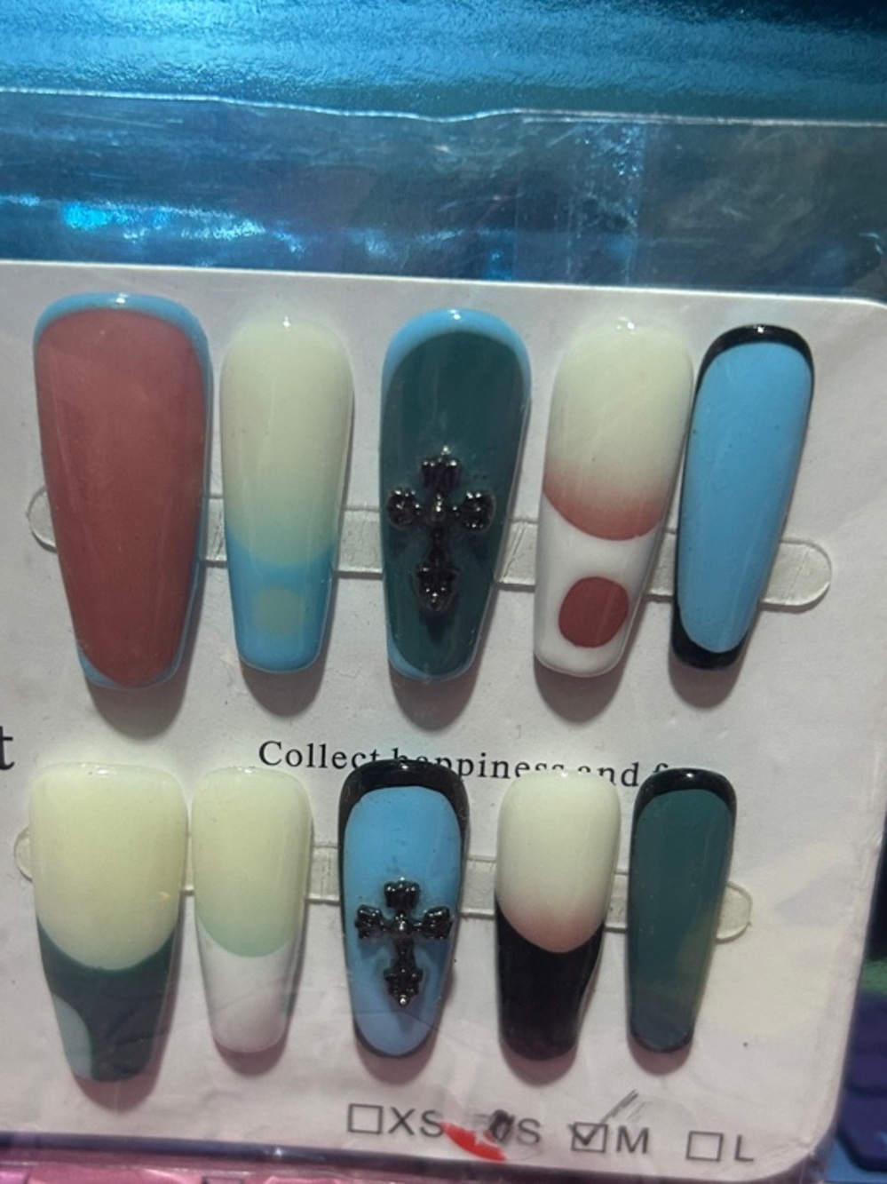 Nail Art Press-On Set - Blue, Green, Cream & Black Accent